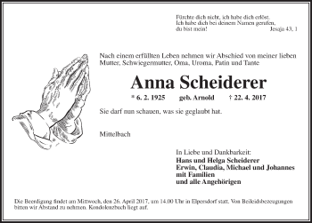 Traueranzeige von Anna Scheiderer von Ansbach