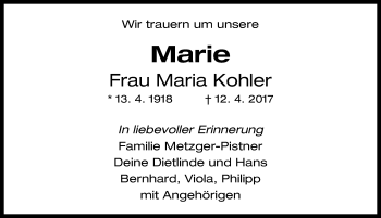 Traueranzeige von Maria Kohler von Neustadt/ Scheinfeld/ Uffenheim