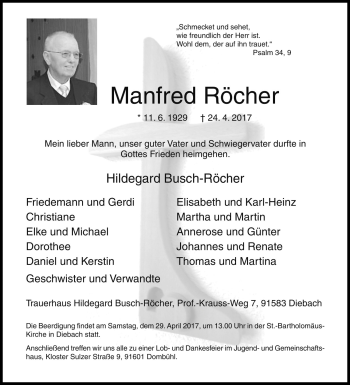 Traueranzeige von Manfred Röcher von Rothenburg