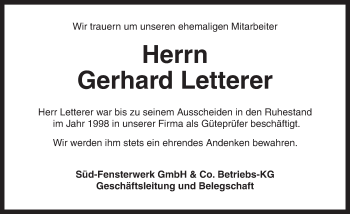 Traueranzeige von Gerhard Letterer von Ansbach