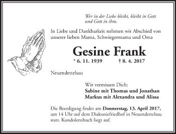 Traueranzeige von Gesine Frank von Ansbach