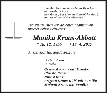 Traueranzeige von Monika Kraus-Abbott von Ansbach