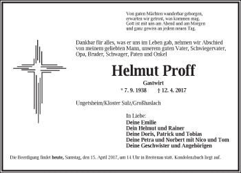 Traueranzeige von Helmut Proff von Dinkelsbühl/ Feuchtwangen