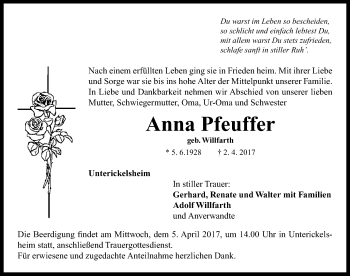 Traueranzeige von Anna Pfeuffer von Neustadt/ Scheinfeld/ Uffenheim