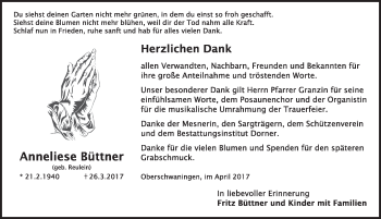 Traueranzeige von Anneliese Büttner von Dinkelsbühl/ Feuchtwangen