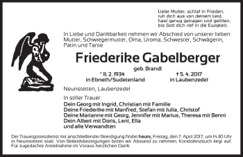 Traueranzeige von Friederike Gabelberger von Dinkelsbühl/ Feuchtwangen