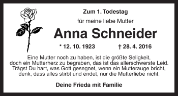 Traueranzeige von Anna Schneider von Ansbach