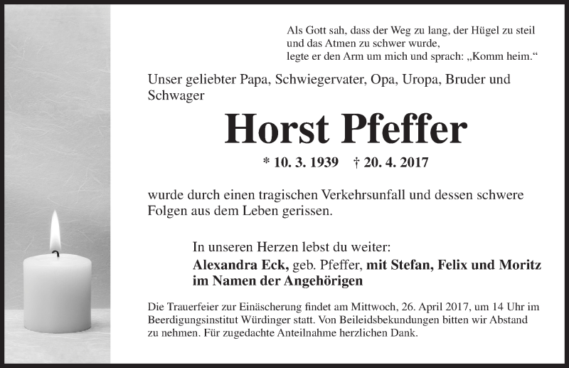  Traueranzeige für Horst Pfeffer vom 24.04.2017 aus Ansbach