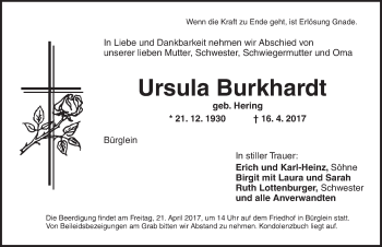 Traueranzeige von Ursula Burkhardt von Ansbach