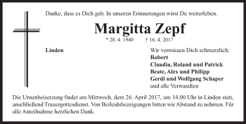 Traueranzeige von Margitta Zepf von Neustadt/ Scheinfeld/ Uffenheim