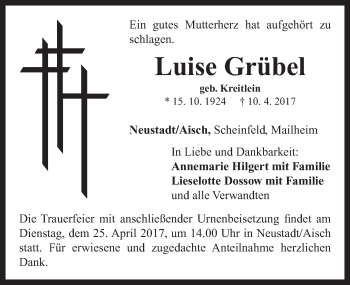 Traueranzeige von Luise Grübel von Neustadt/ Scheinfeld/ Uffenheim