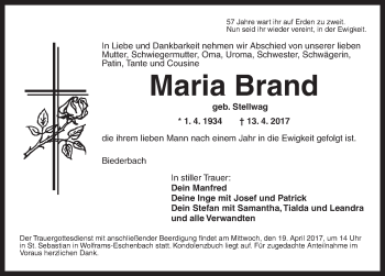 Traueranzeige von Maria Brand von Ansbach