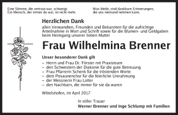 Traueranzeige von Wilhelmina Brenner von Dinkelsbühl/ Feuchtwangen