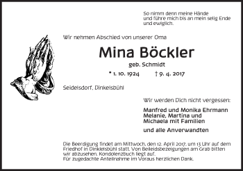 Traueranzeige von Mina Böckler von Dinkelsbühl/ Feuchtwangen