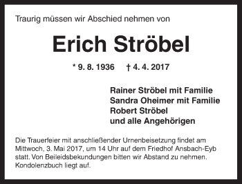 Traueranzeige von Erich Ströbel von Ansbach