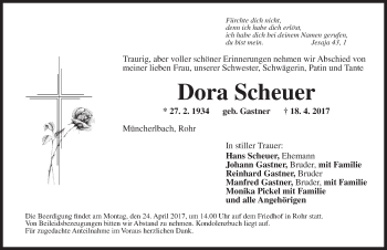 Traueranzeige von Dora Scheuer von Ansbach