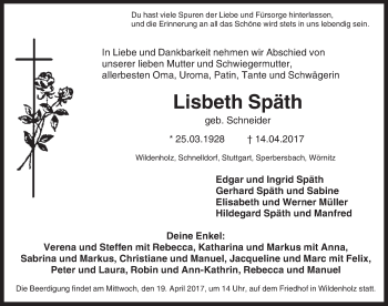 Traueranzeige von Lisbeth Späth von Dinkelsbühl/ Feuchtwangen