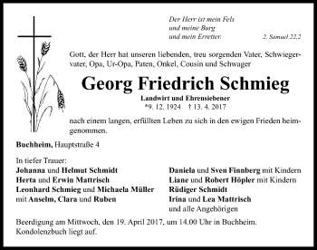 Traueranzeige von Georg Friedrich Schmieg von Neustadt/ Scheinfeld/ Uffenheim