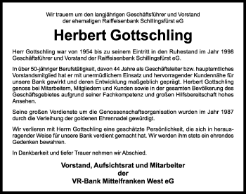 Traueranzeige von Herbert Gottschling von Rothenburg