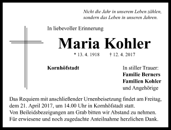 Traueranzeige von Maria Kohler von Neustadt/ Scheinfeld/ Uffenheim