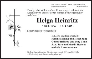 Traueranzeige von Helga Heinritz von Ansbach