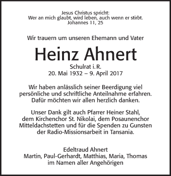 Traueranzeige von Heinz Ahnert von Ansbach