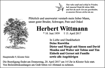 Traueranzeige von Herbert Wittmann von Dinkelsbühl/ Feuchtwangen