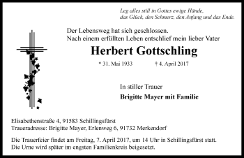 Traueranzeige von Herbert Gottschling von Rothenburg