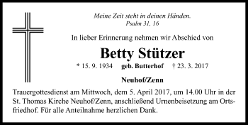 Traueranzeige von Betty Stützer von Neustadt/ Scheinfeld/ Uffenheim