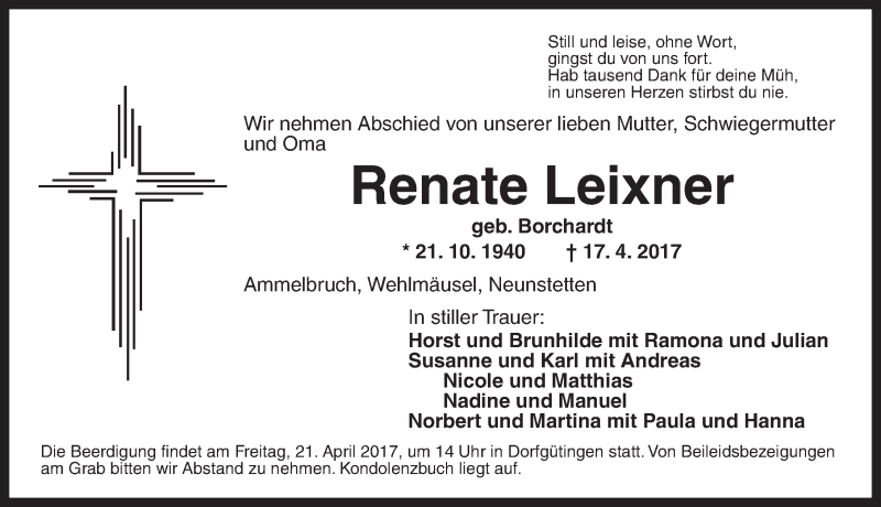  Traueranzeige für Renate Leixner vom 19.04.2017 aus Dinkelsbühl/ Feuchtwangen