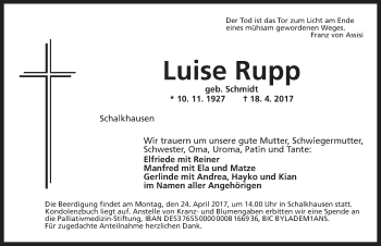 Traueranzeige von Luise Rupp von Ansbach