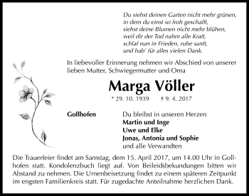 Traueranzeige von Marga Völler von Neustadt/ Scheinfeld/ Uffenheim