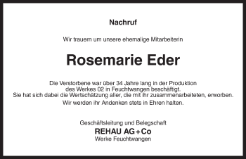 Traueranzeige von Rosemarie Eder von Dinkelsbühl/ Feuchtwangen