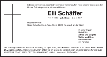 Traueranzeige von Elli Schäffer von Neustadt/ Scheinfeld/ Uffenheim