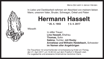 Traueranzeige von Hermann Hasselt von Dinkelsbühl/ Feuchtwangen