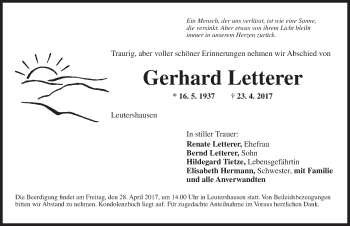 Traueranzeige von Gerhard Letterer von Ansbach