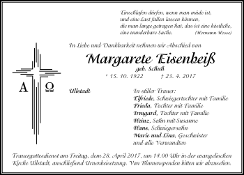 Traueranzeige von Margarete Eisenbeiß von Neustadt/ Scheinfeld/ Uffenheim