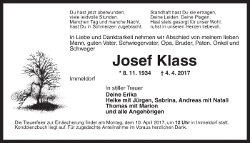 Traueranzeige von Josef Klass von Ansbach