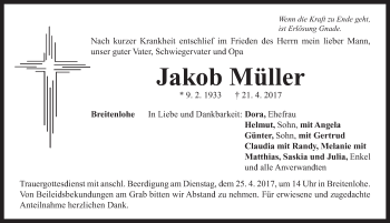 Traueranzeige von Jakob Müller von Neustadt/ Scheinfeld/ Uffenheim