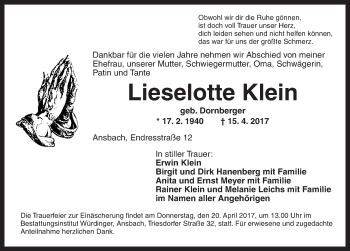 Traueranzeige von Lieselotte Klein von Ansbach