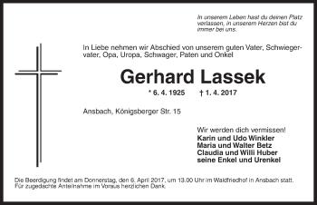 Traueranzeige von Gerhard Lassek von Ansbach