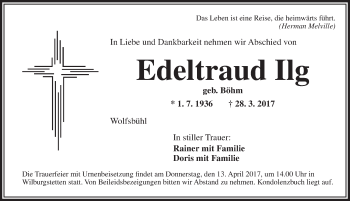 Traueranzeige von Edeltraud Ilg von Dinkelsbühl/ Feuchtwangen