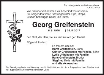 Traueranzeige von Georg Greifenstein von Ansbach