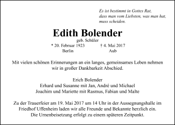 Traueranzeige von Edith Bolender von Neustadt/ Scheinfeld/ Uffenheim