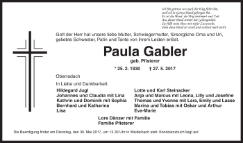 Traueranzeige von Paula Gabler von Dinkelsbühl/ Feuchtwangen