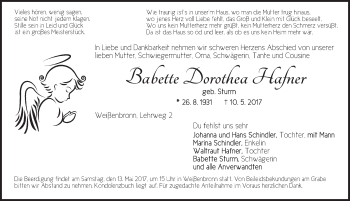 Traueranzeige von Babette Dorothea Hafner von Ansbach