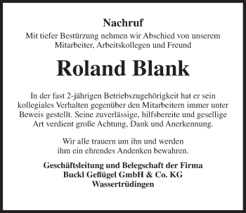 Traueranzeige von Roland Blank von Dinkelsbühl/ Feuchtwangen