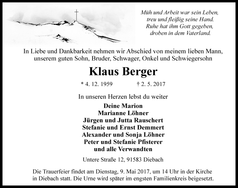  Traueranzeige für Klaus Berger vom 06.05.2017 aus Rothenburg