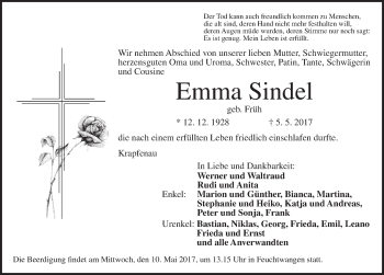 Traueranzeige von Emma Sindel von Dinkelsbühl/ Feuchtwangen