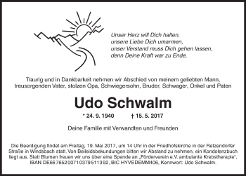 Traueranzeige von Udo Schwalm von Ansbach
